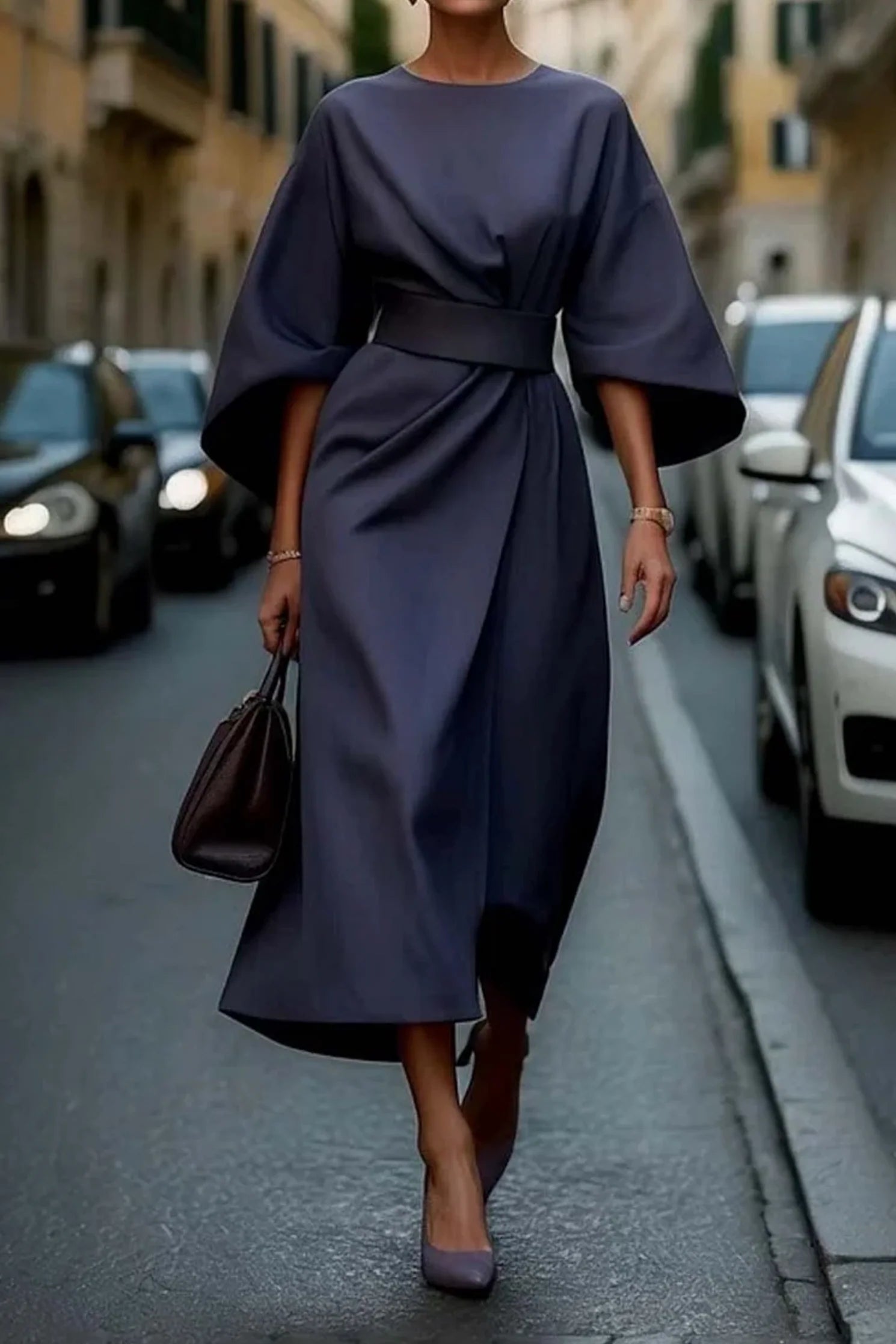 Elegant midi dress featuring lantern sleeves and a drawstring waist, perfect for women seeking a classic and stylish outfit for various occasions. 0
